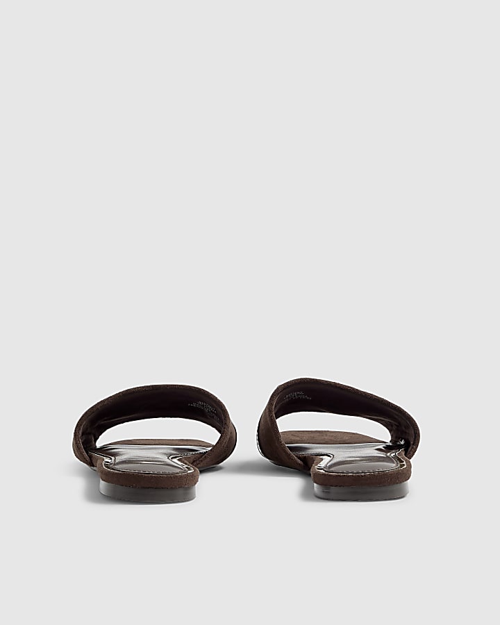 River Island Brown Faux Suede Branded Flat Mule Sandals