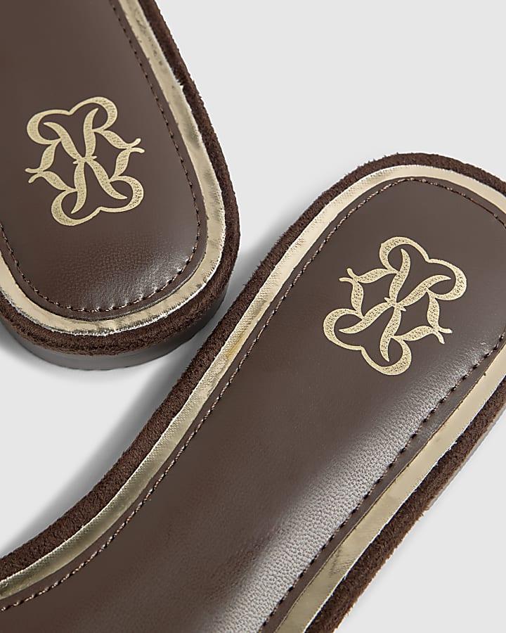 river island Brown Faux Suede Branded Flat Mule Sandals