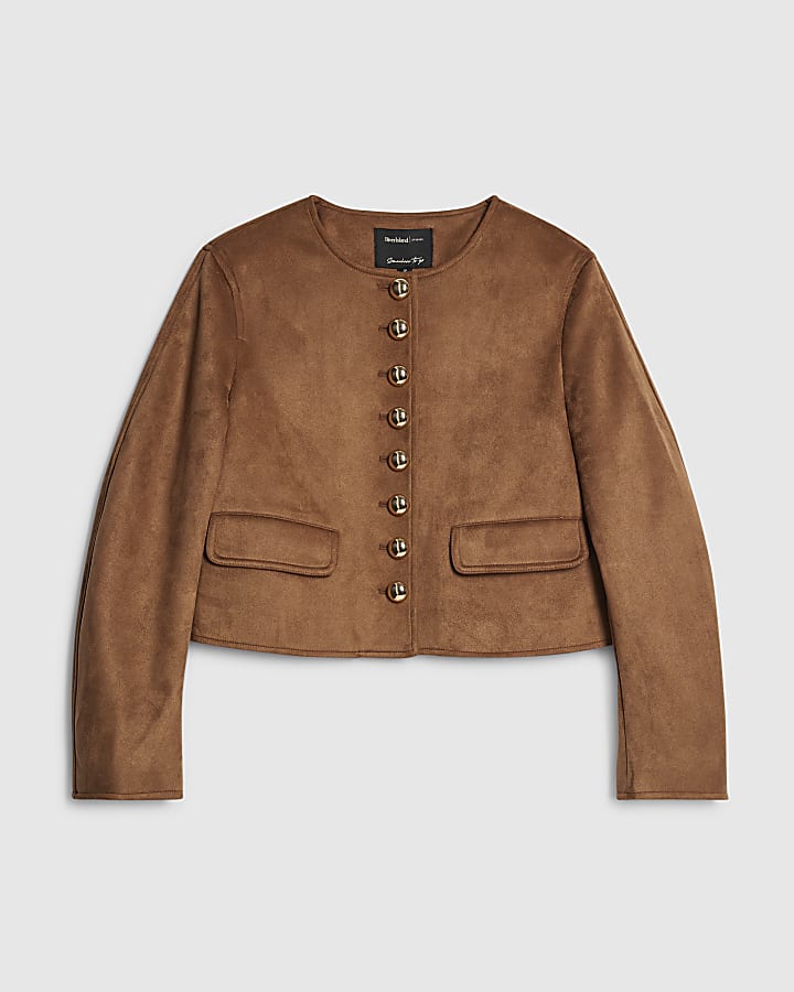 river island Brown Faux Suede Button Up Trophy Jacket