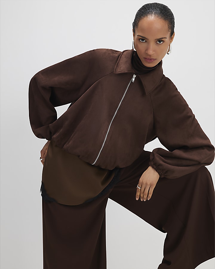 River Island Brown Faux Suede Collared Bomber Jacket