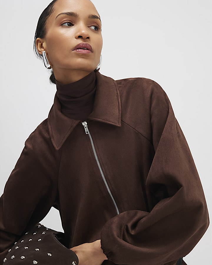River Island Brown Faux Suede Collared Bomber Jacket
