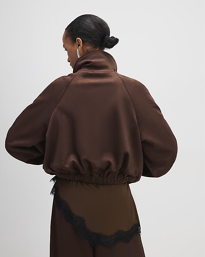 River Island Brown Faux Suede Collared Bomber Jacket