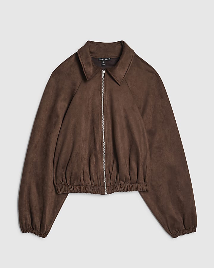 river island Brown Faux Suede Collared Bomber Jacket