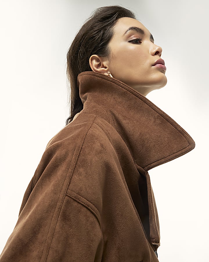 River Island Brown Faux Suede Dropped Bomber Jacket