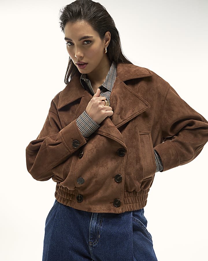 River Island Brown Faux Suede Dropped Bomber Jacket