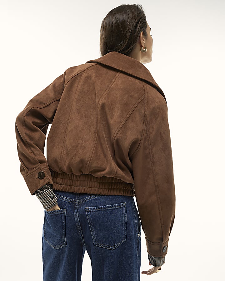 River Island Brown Faux Suede Dropped Bomber Jacket