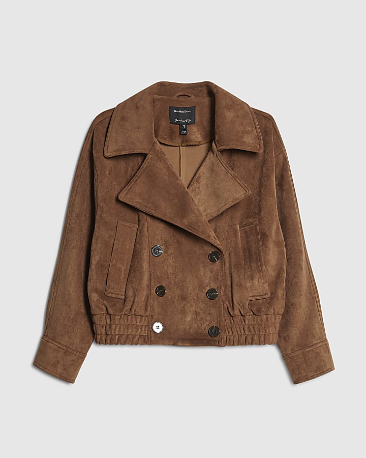 river island Brown Faux Suede Dropped Bomber Jacket
