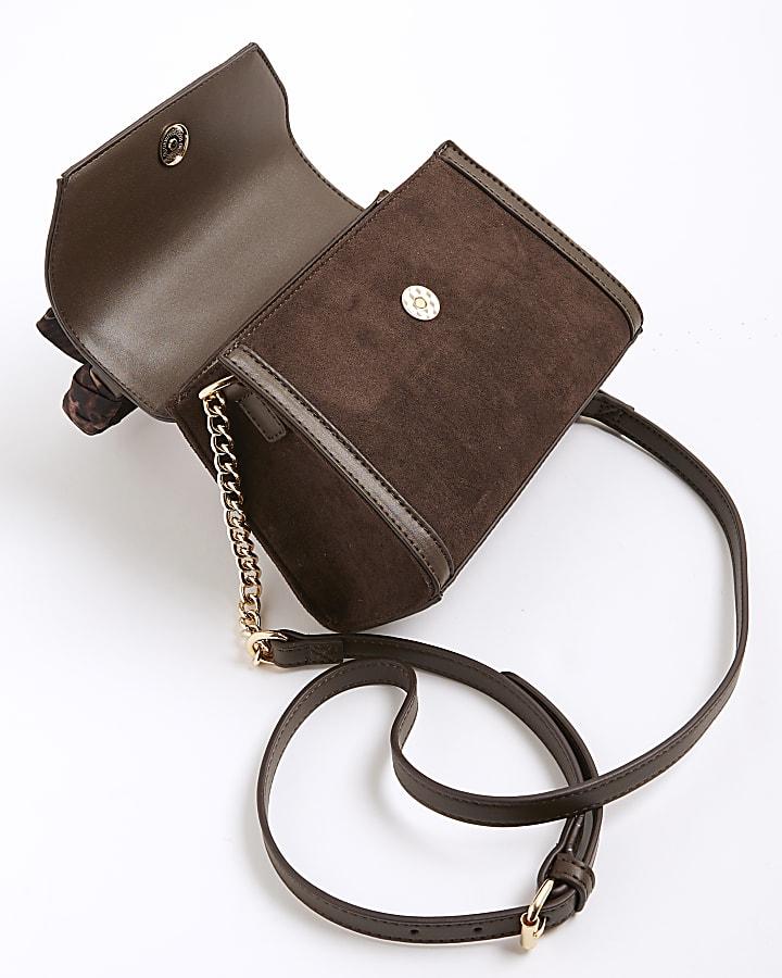 river island Brown Faux Suede Mini Cross Body Tote Bag