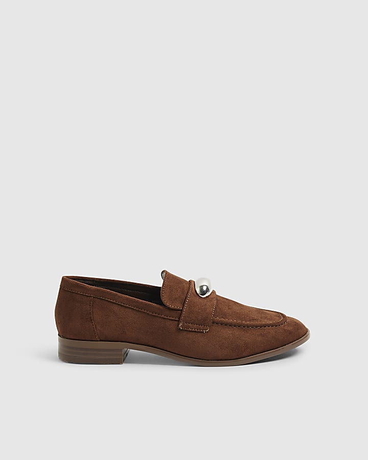 River Island Brown Faux Suede Silver Detail Loafers
