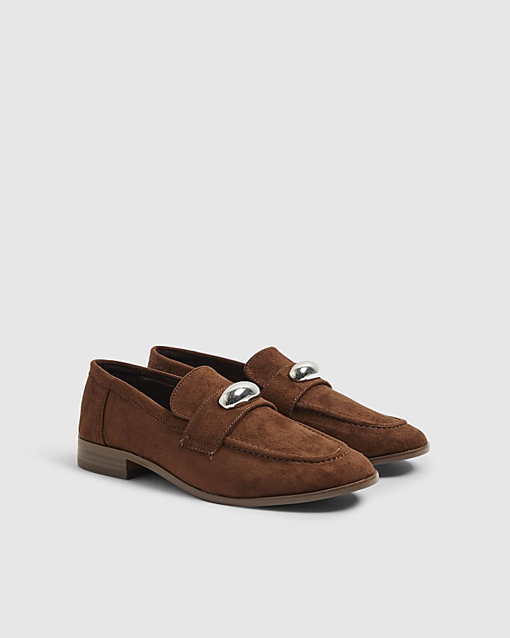 River Island Brown Faux Suede Silver Detail Loafers