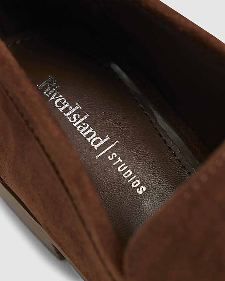 river island Brown Faux Suede Silver Detail Loafers