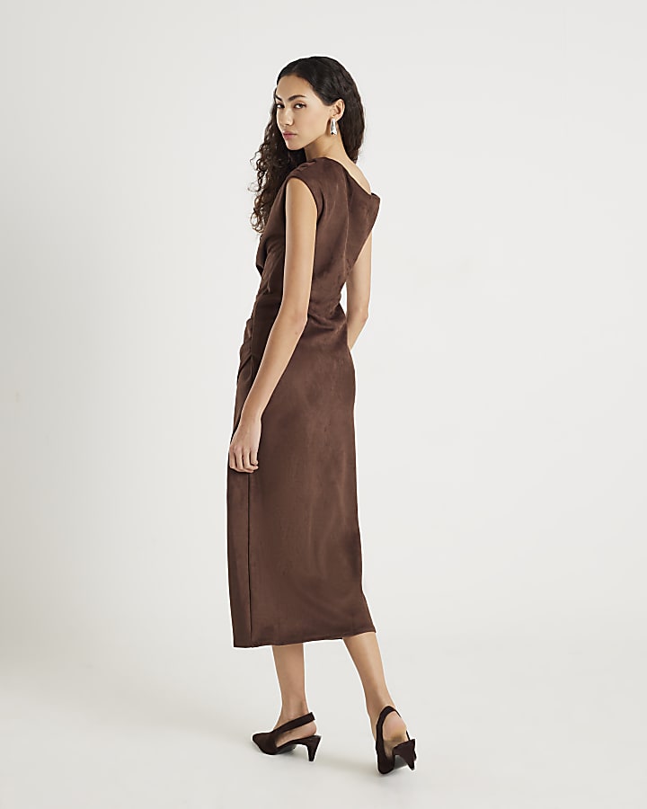 River Island Brown Faux Suede Sleeveless Drape Midi Dress