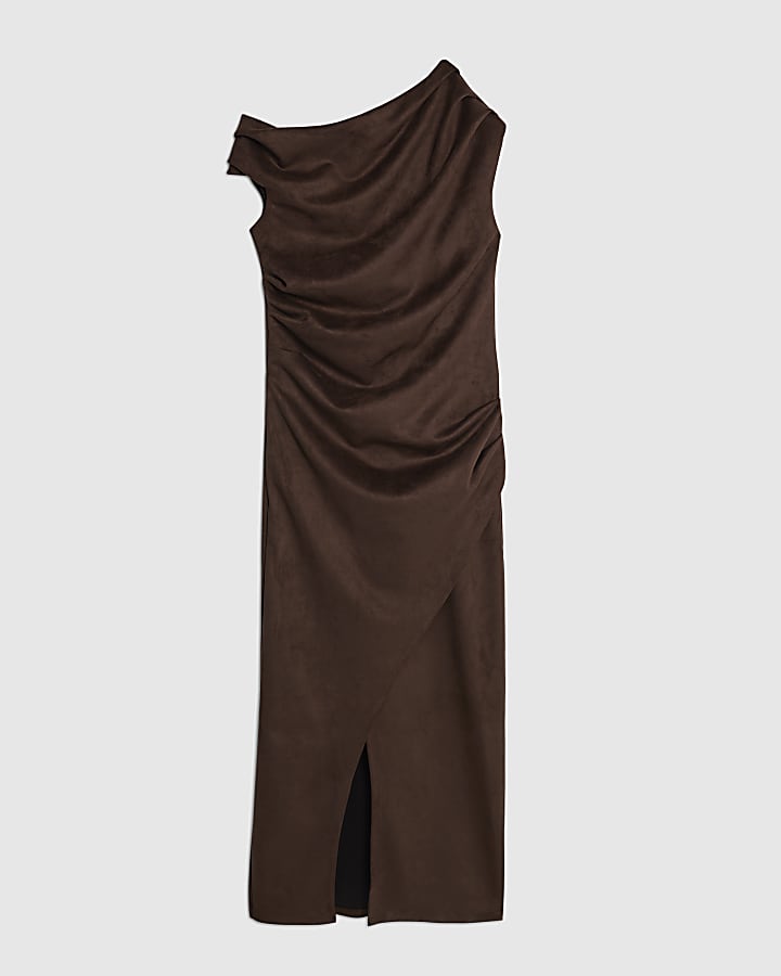 river island Brown Faux Suede Sleeveless Drape Midi Dress