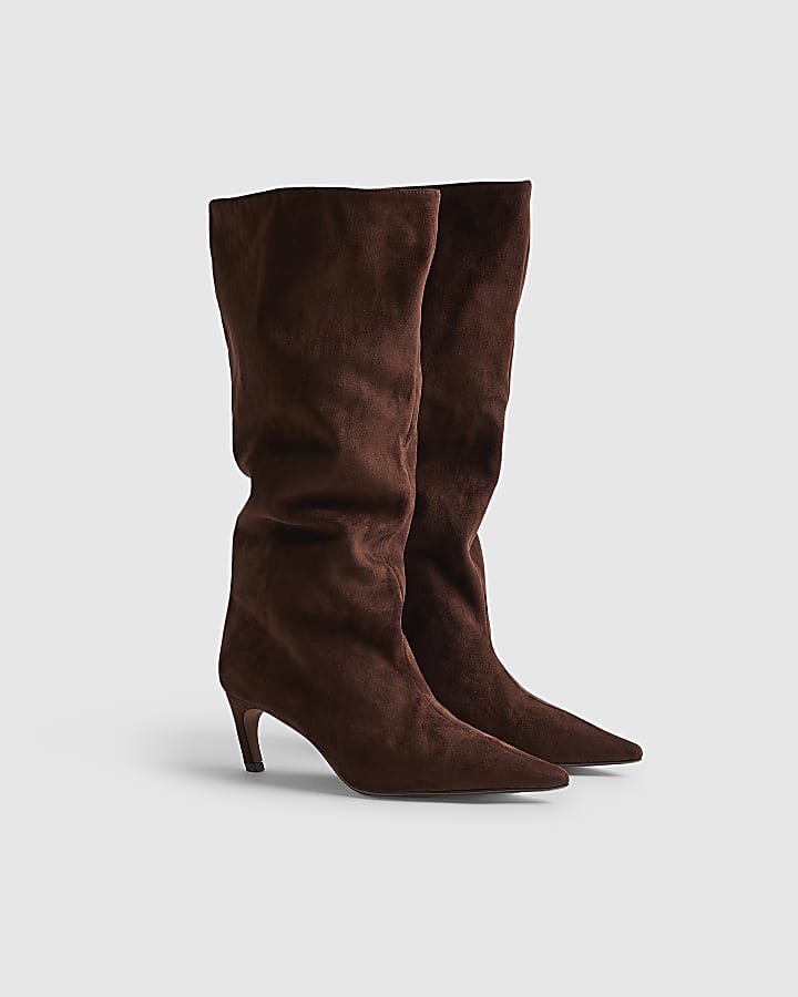 River Island Brown Faux Suede Slouch High Leg Boots