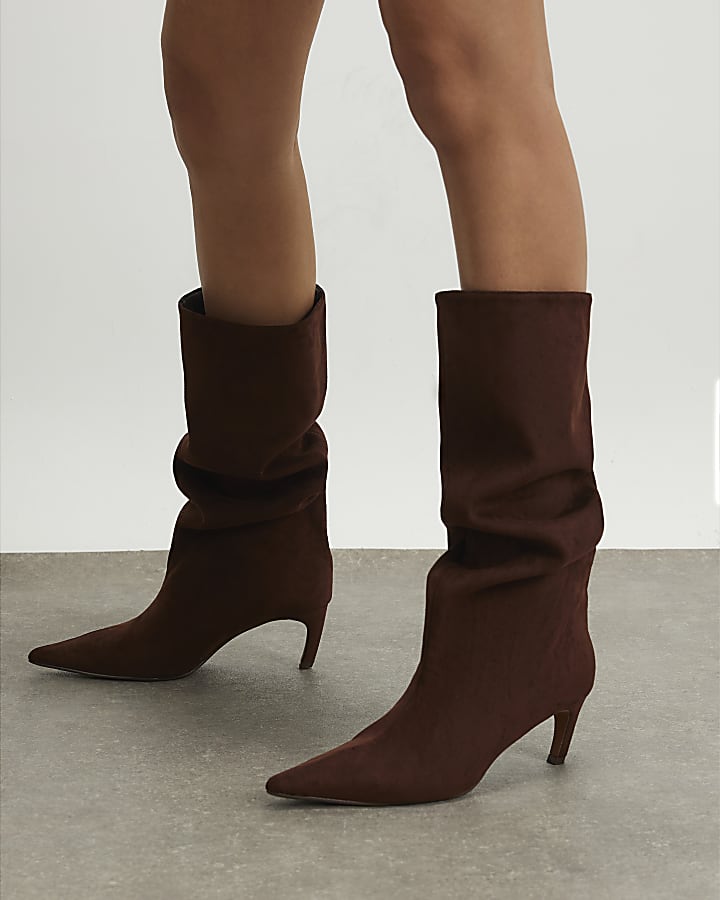 river island Brown Faux Suede Slouch High Leg Boots