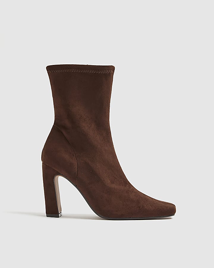 River Island Brown Faux Suede Square Toe Heeled Boots