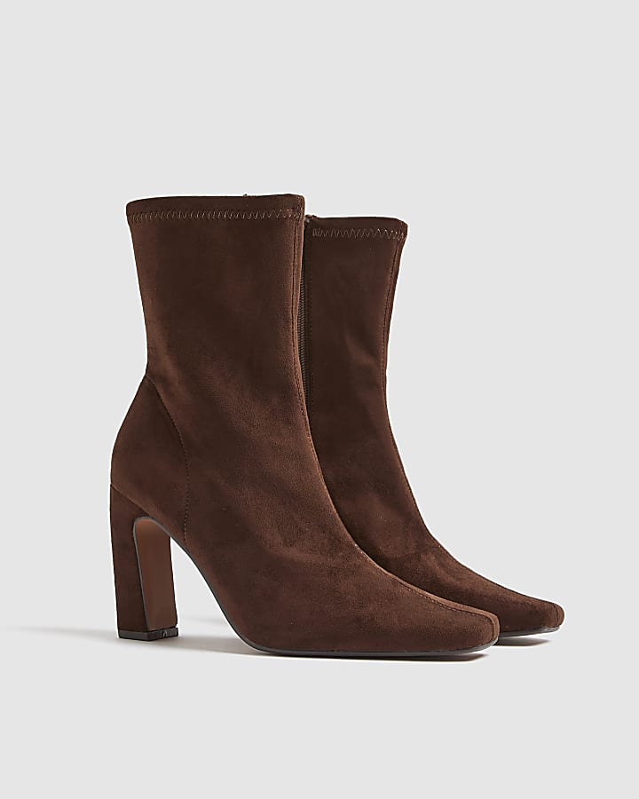 River Island Brown Faux Suede Square Toe Heeled Boots