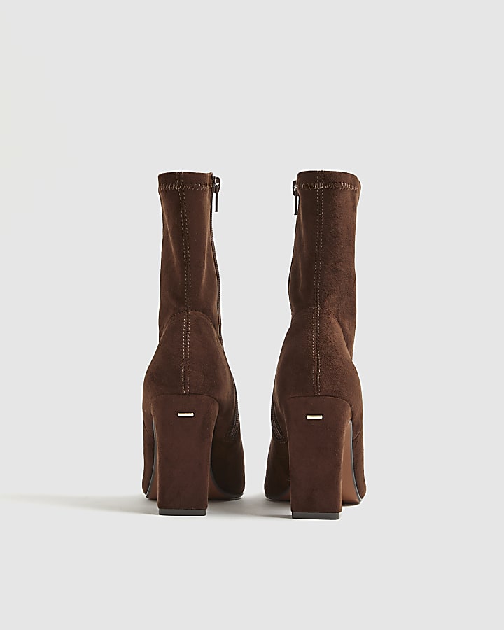 River Island Brown Faux Suede Square Toe Heeled Boots