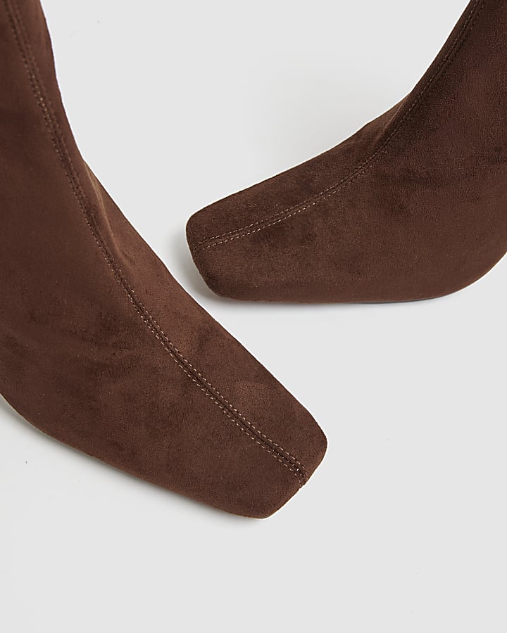 river island Brown Faux Suede Square Toe Heeled Boots