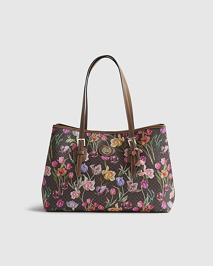 River Island Brown Floral Monogram Buckle Shopper Bag