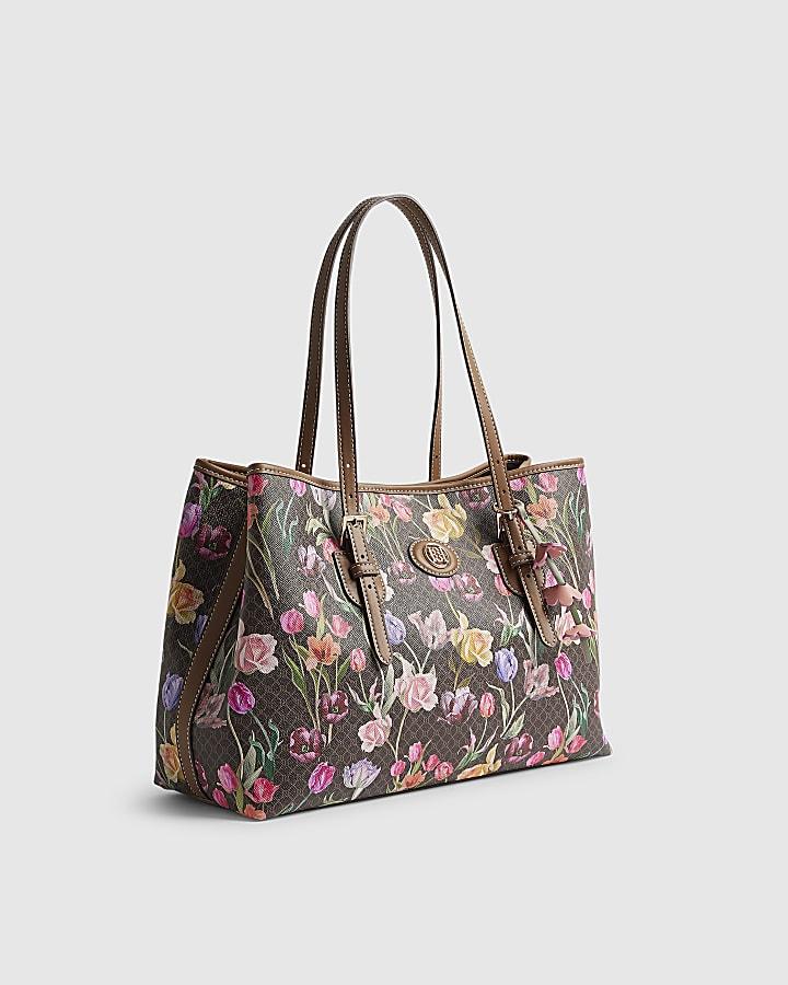 River Island Brown Floral Monogram Buckle Shopper Bag