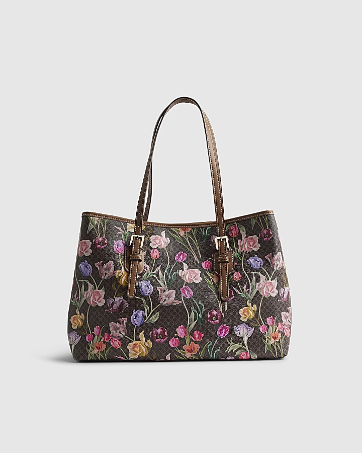 River Island Brown Floral Monogram Buckle Shopper Bag