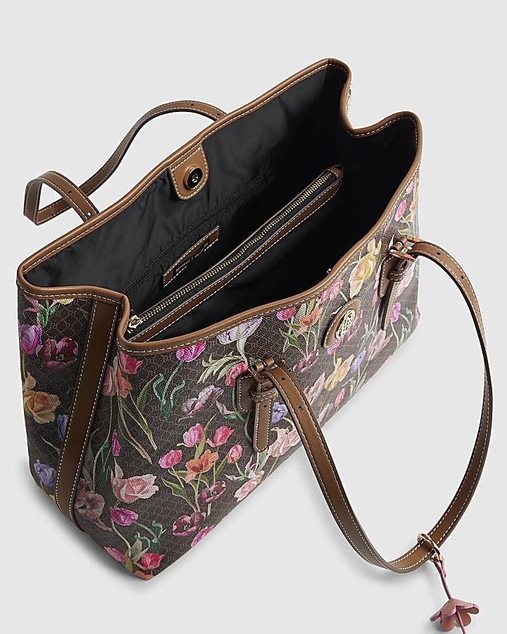 river island Brown Floral Monogram Buckle Shopper Bag