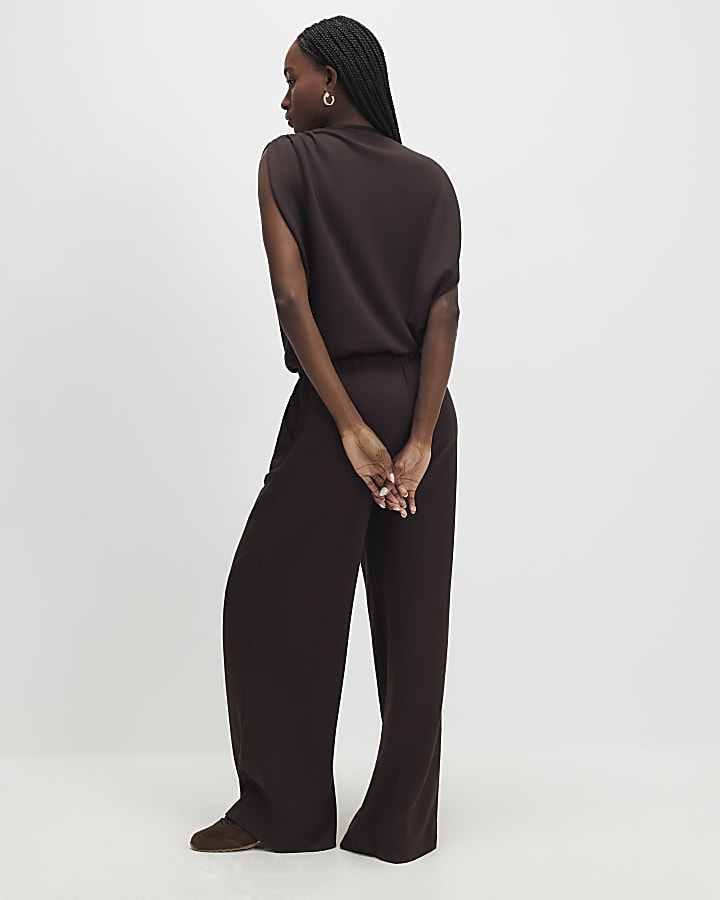 River Island Brown High Waisted Premium Wide Leg Joggers