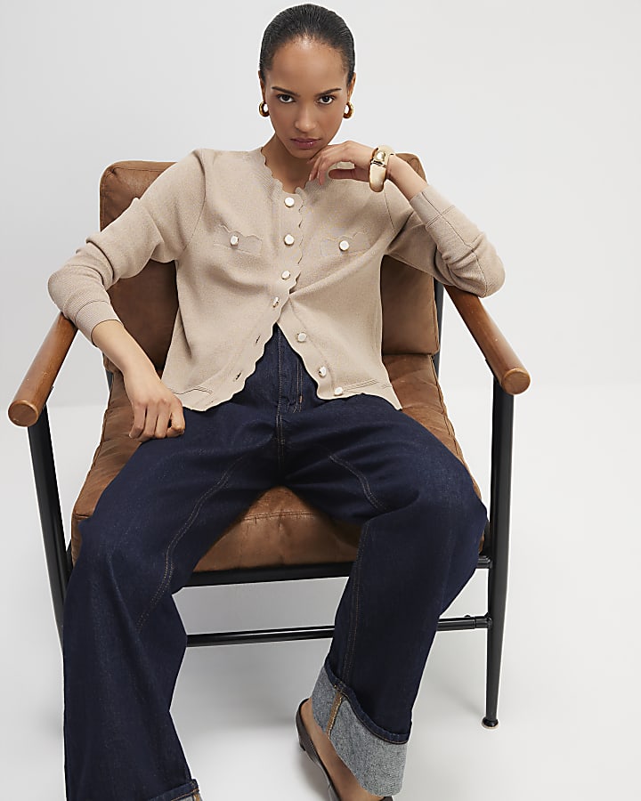 River Island Brown Knit Fitted Scallop Trim Cardigan