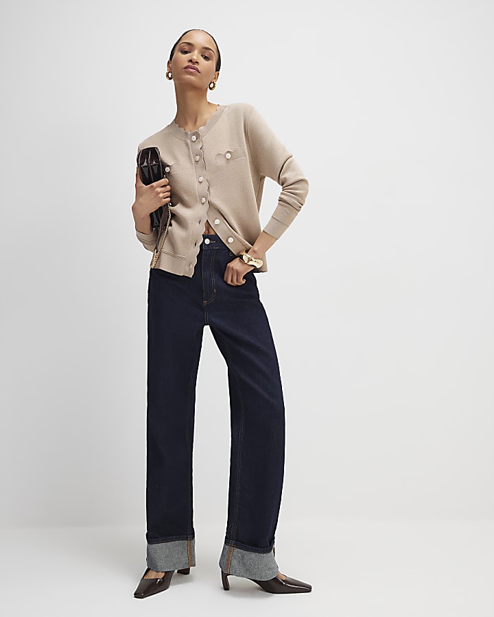 River Island Brown Knit Fitted Scallop Trim Cardigan