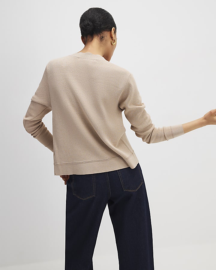 River Island Brown Knit Fitted Scallop Trim Cardigan