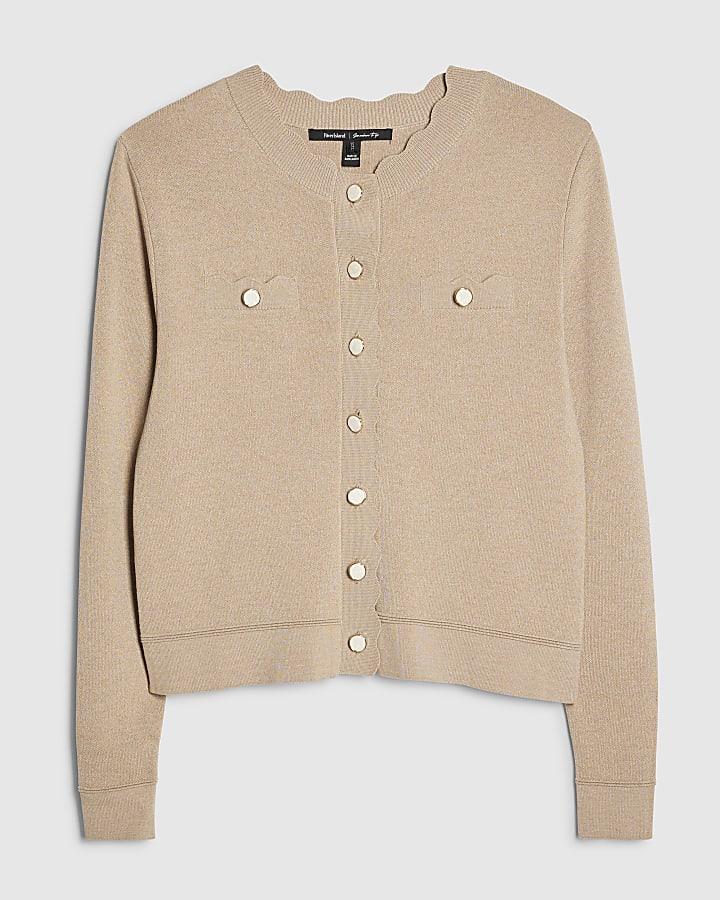 river island Brown Knit Fitted Scallop Trim Cardigan