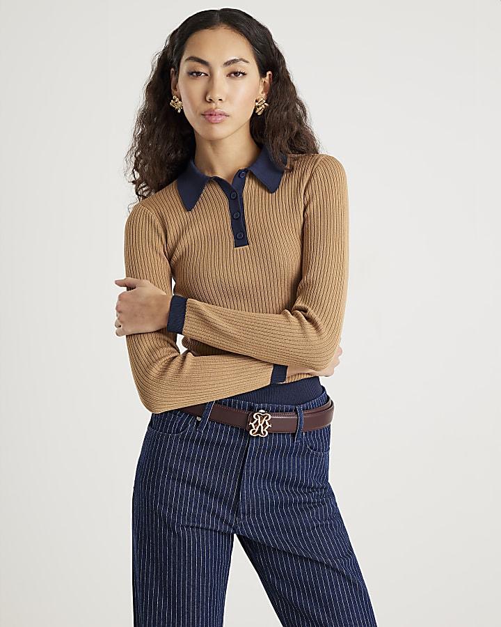 River Island Brown Knit Long Sleeve Ribbed Polo Top