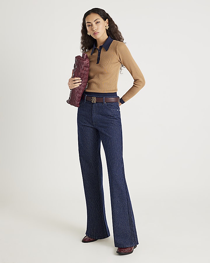 River Island Brown Knit Long Sleeve Ribbed Polo Top