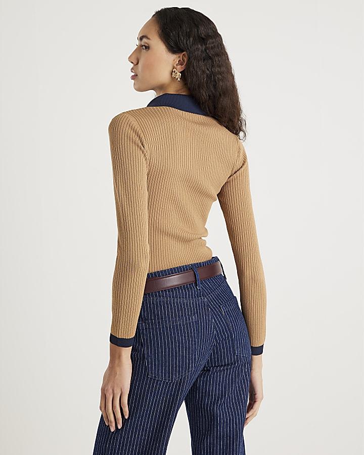 River Island Brown Knit Long Sleeve Ribbed Polo Top