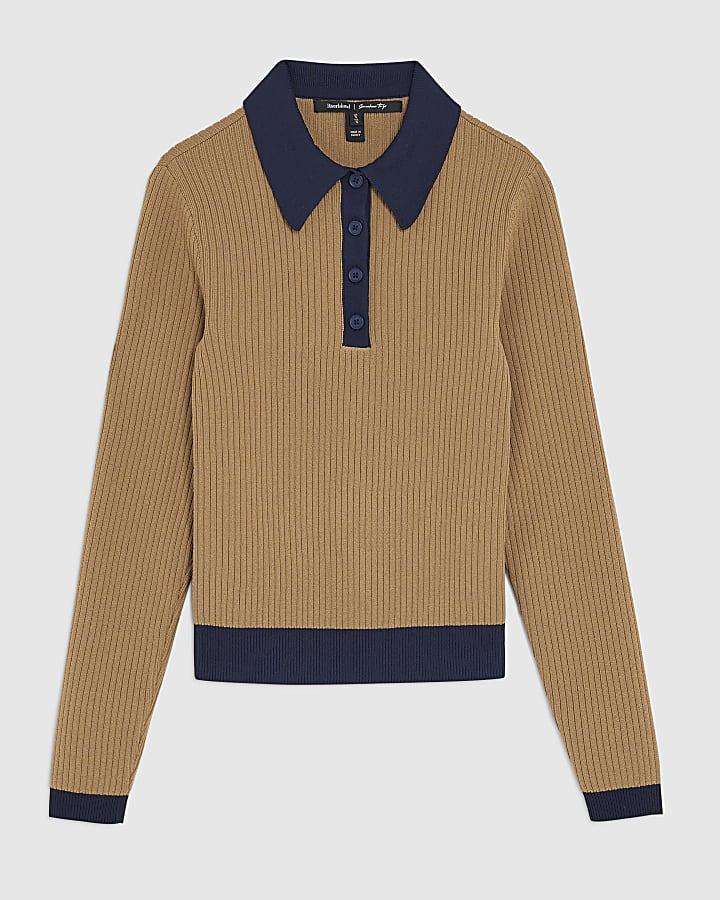 river island Brown Knit Long Sleeve Ribbed Polo Top