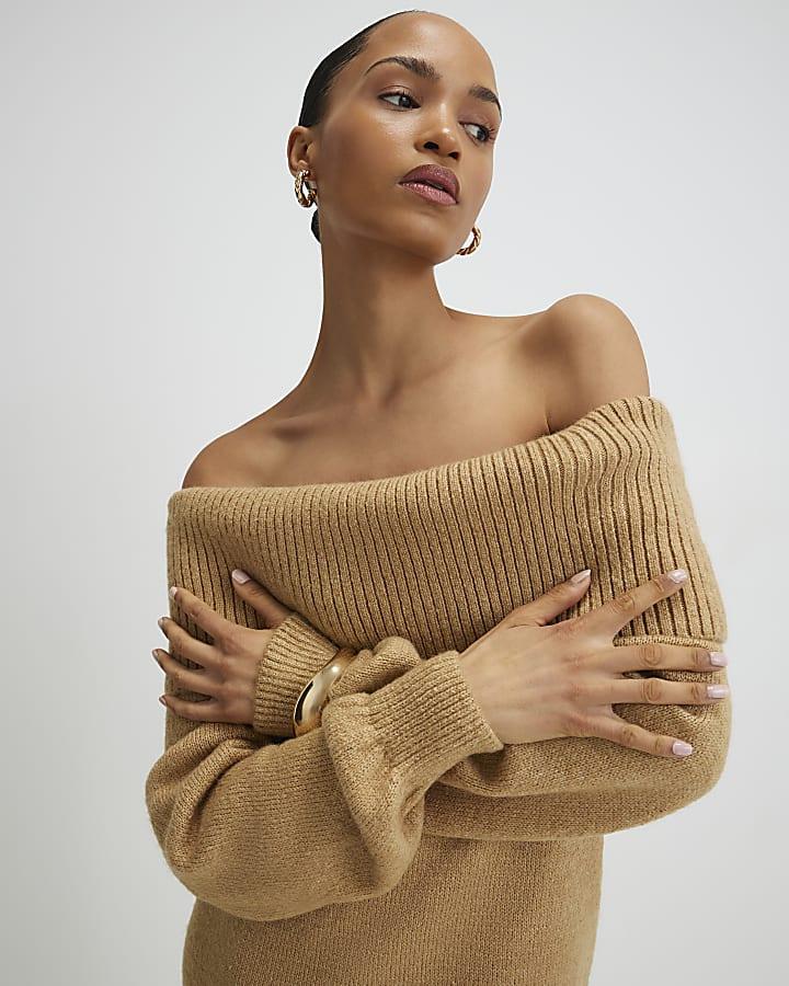 River Island Brown Knitted Long Sleeve Bardot Midi Dress