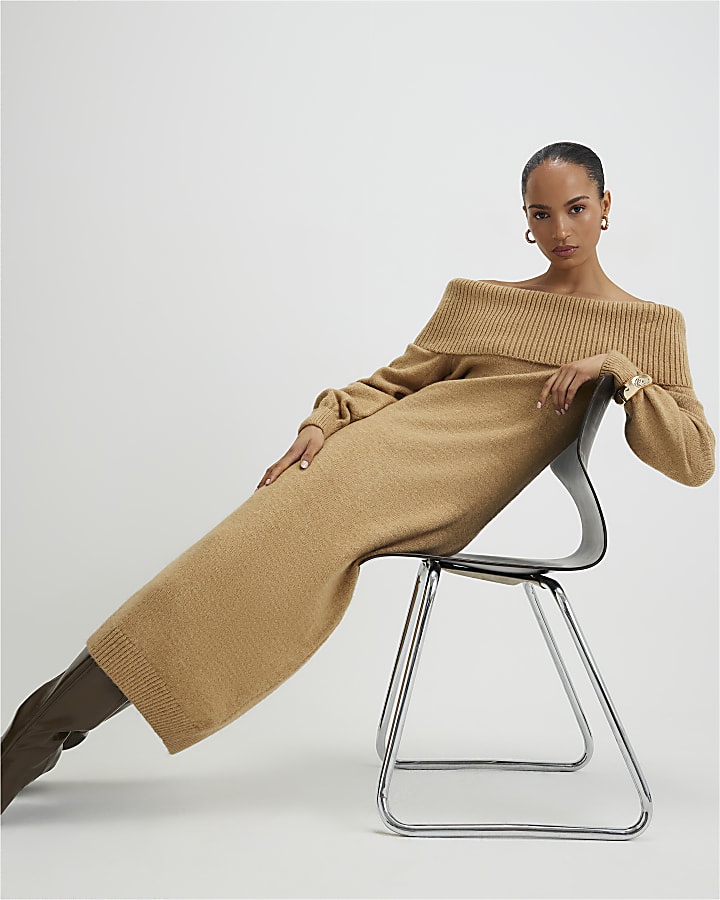River Island Brown Knitted Long Sleeve Bardot Midi Dress