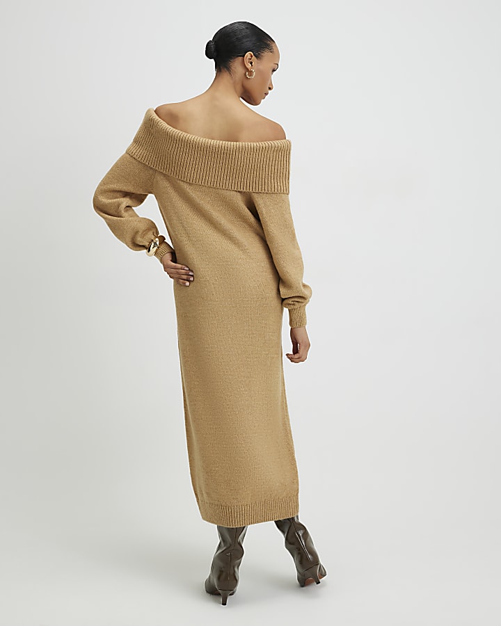 River Island Brown Knitted Long Sleeve Bardot Midi Dress