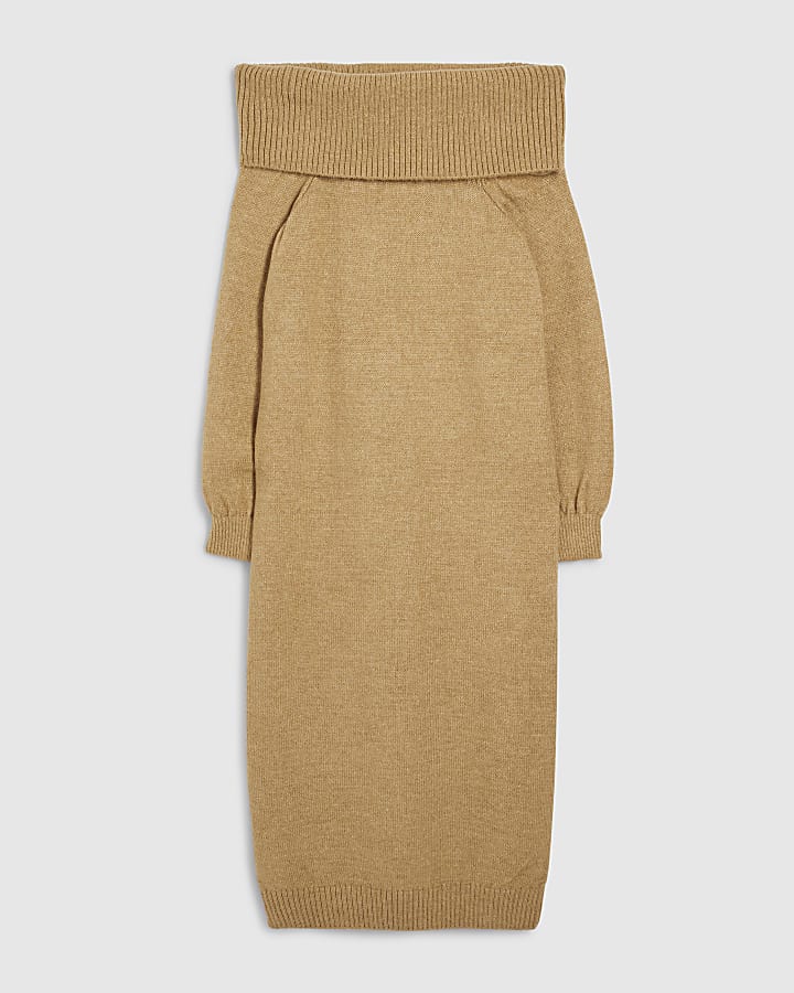 river island Brown Knitted Long Sleeve Bardot Midi Dress