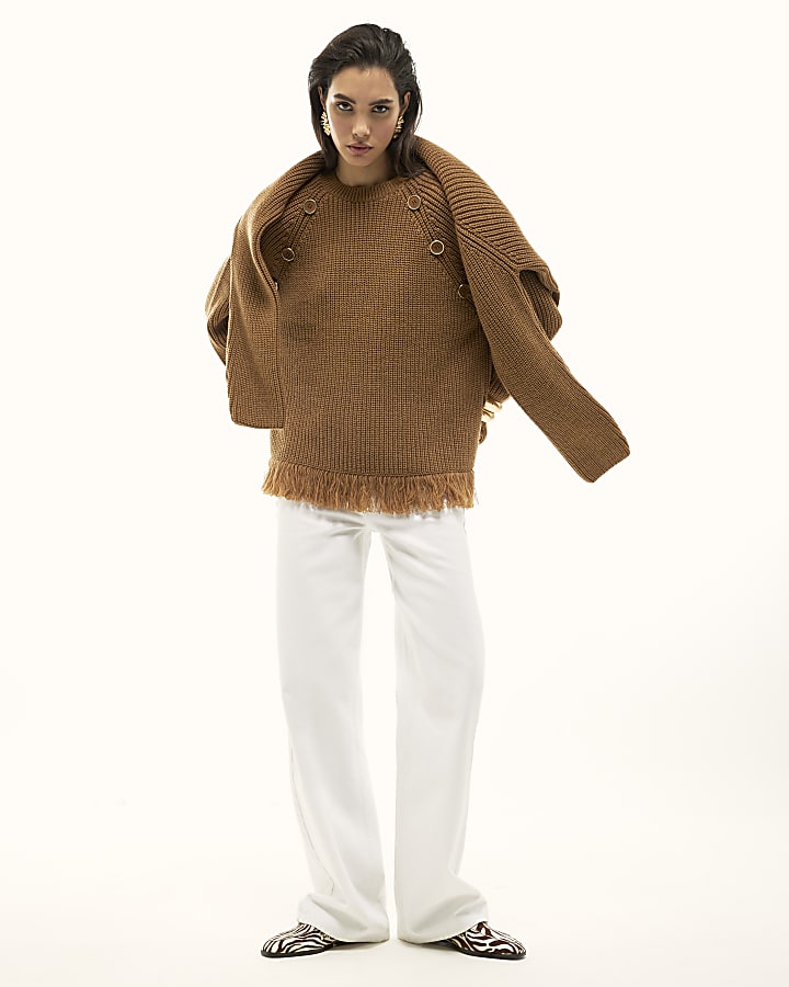 River Island Brown Knitted Long Sleeve Fringed Hem Jumper