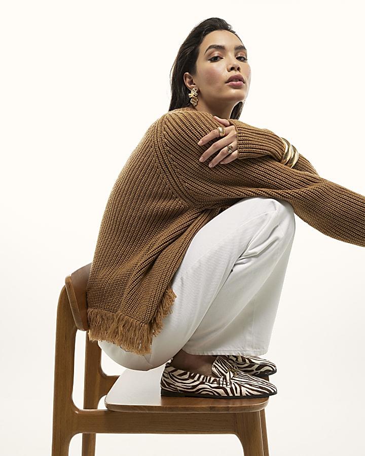 River Island Brown Knitted Long Sleeve Fringed Hem Jumper