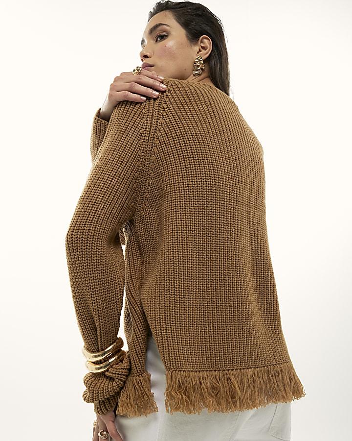 River Island Brown Knitted Long Sleeve Fringed Hem Jumper