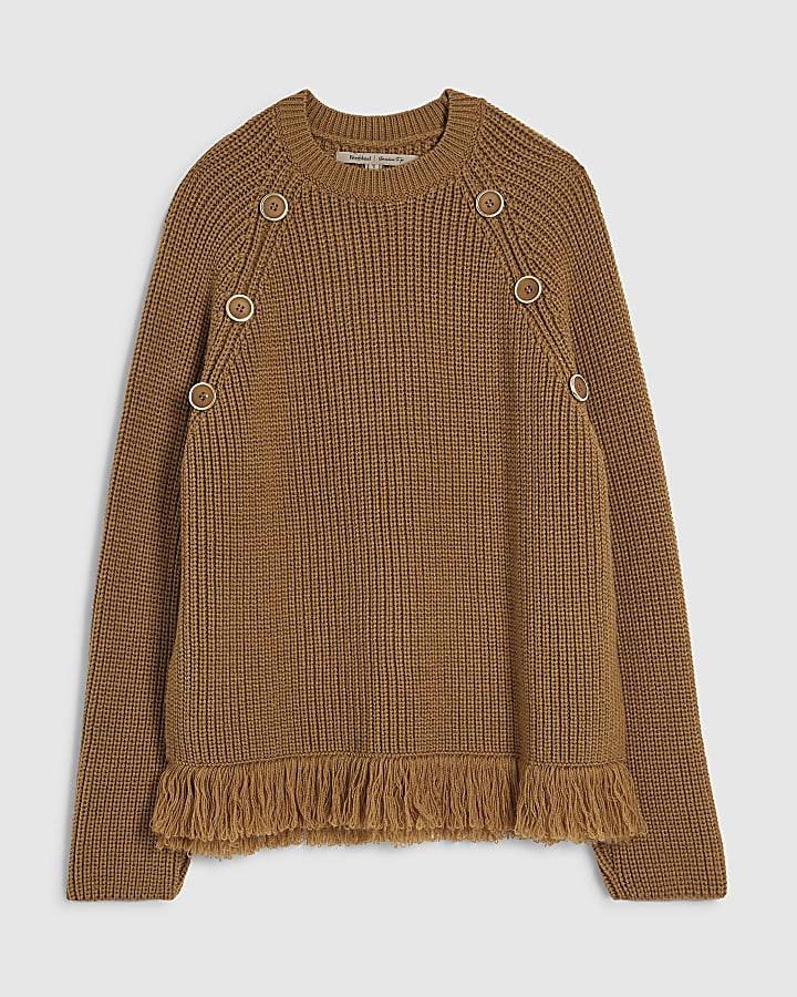 river island Brown Knitted Long Sleeve Fringed Hem Jumper
