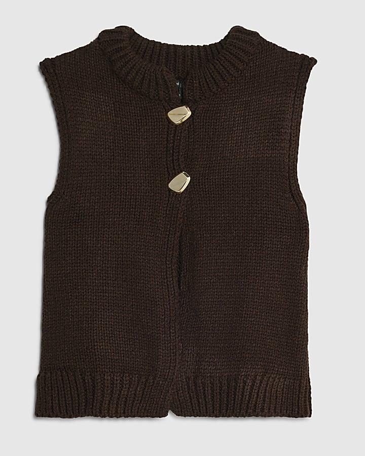 river island Brown Knitted Sleeveless Button Cardigan