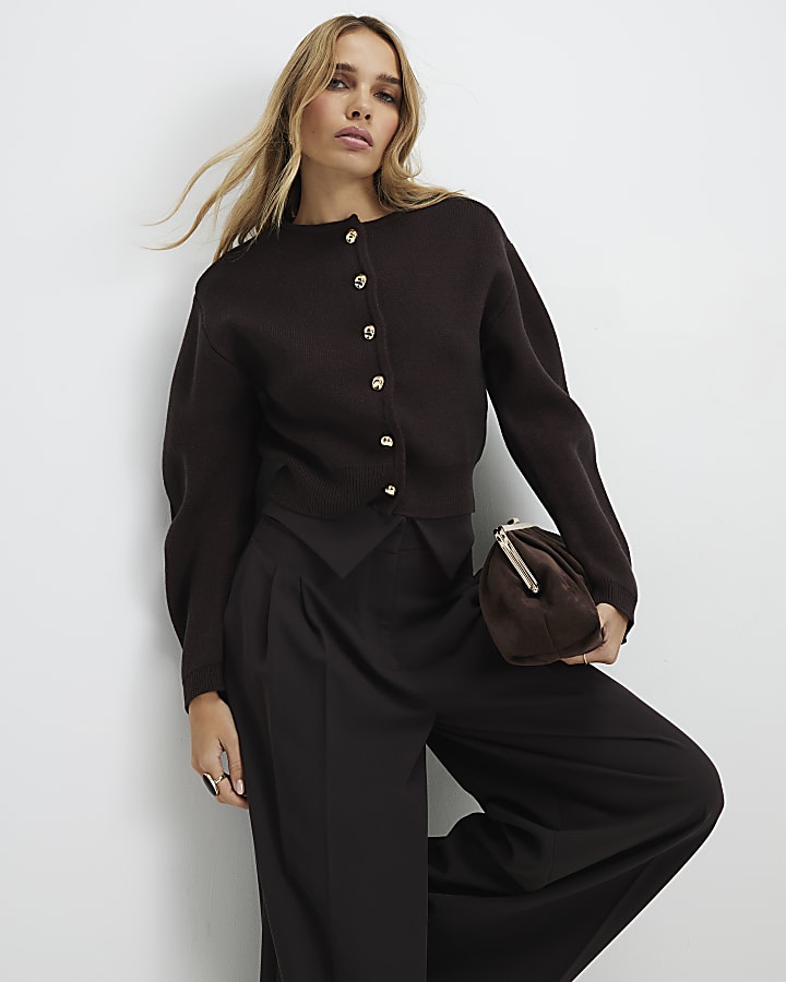 River Island Brown Knitted Structured Sleeve Cardigan