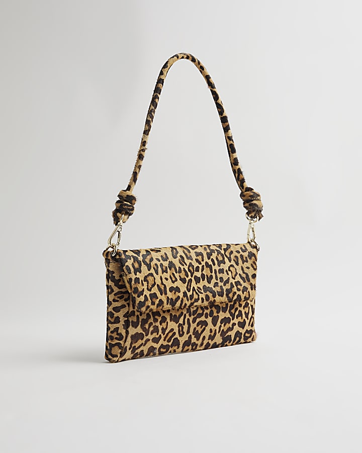 river island Brown Leather Leopard Knot Shoulder Bag