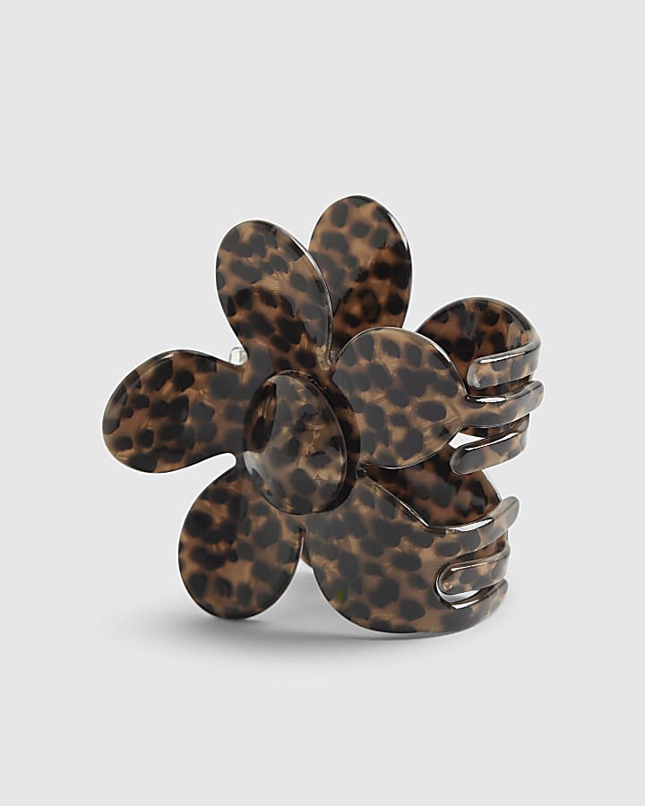 river island Brown Leopard Print Flower Claw Hair Clip
