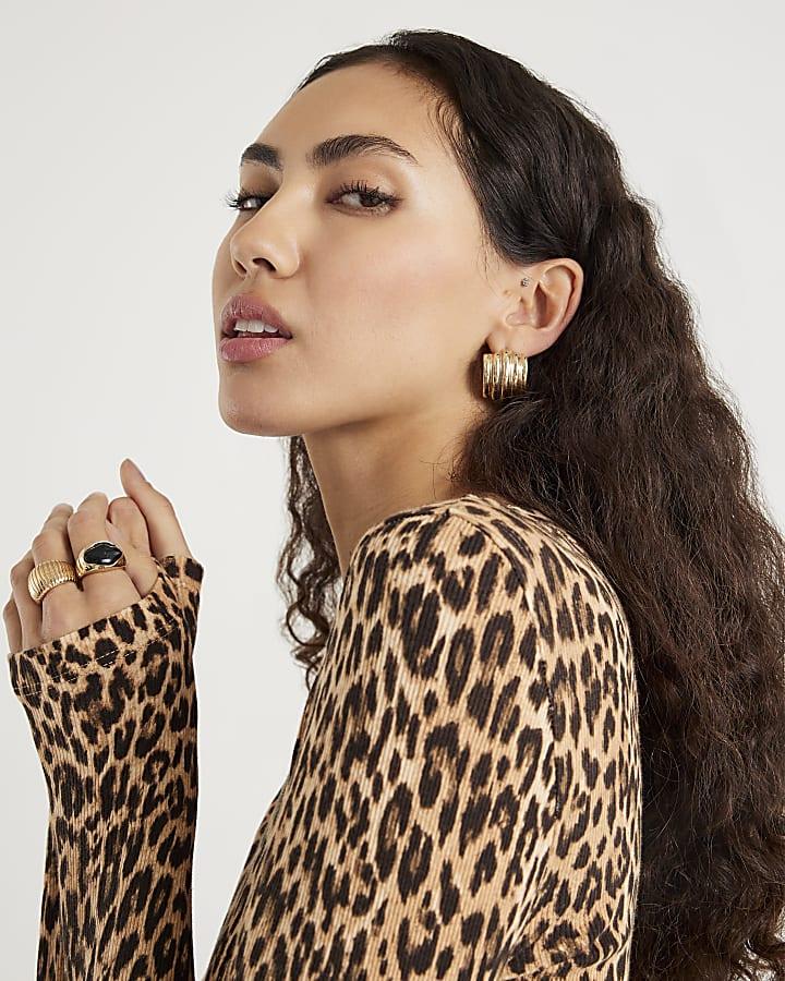 River Island Brown Leopard Print Long Sleeve Fitted Top