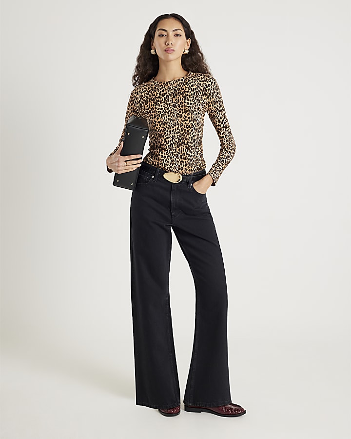 River Island Brown Leopard Print Long Sleeve Fitted Top